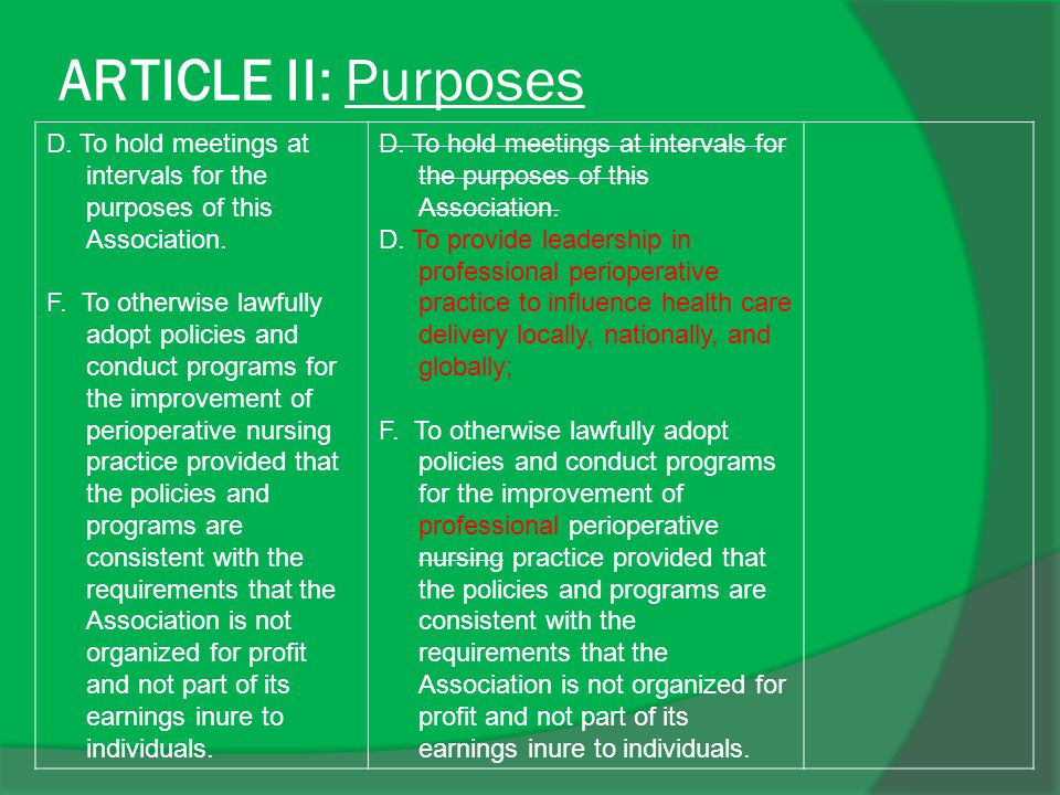ARTICLE II: Purposes D. To hold meetings at intervals for the purposes of this Association.