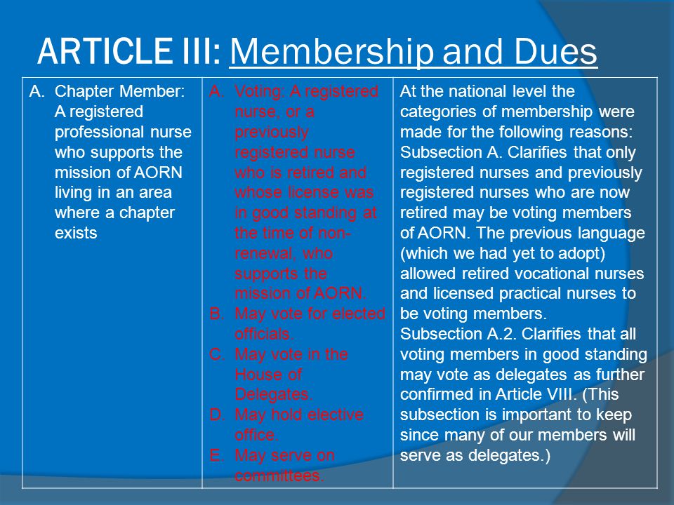 ARTICLE III: Membership and Dues A.Chapter Member: A registered professional nurse who supports the mission of AORN living in an area where a chapter exists A.Voting: A registered nurse, or a previously registered nurse who is retired and whose license was in good standing at the time of non- renewal, who supports the mission of AORN.