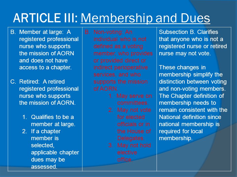 ARTICLE III: Membership and Dues B.Member at large: A registered professional nurse who supports the mission of AORN and does not have access to a chapter.