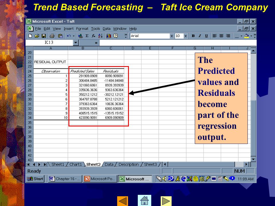 The Predicted values and Residuals become part of the regression output.