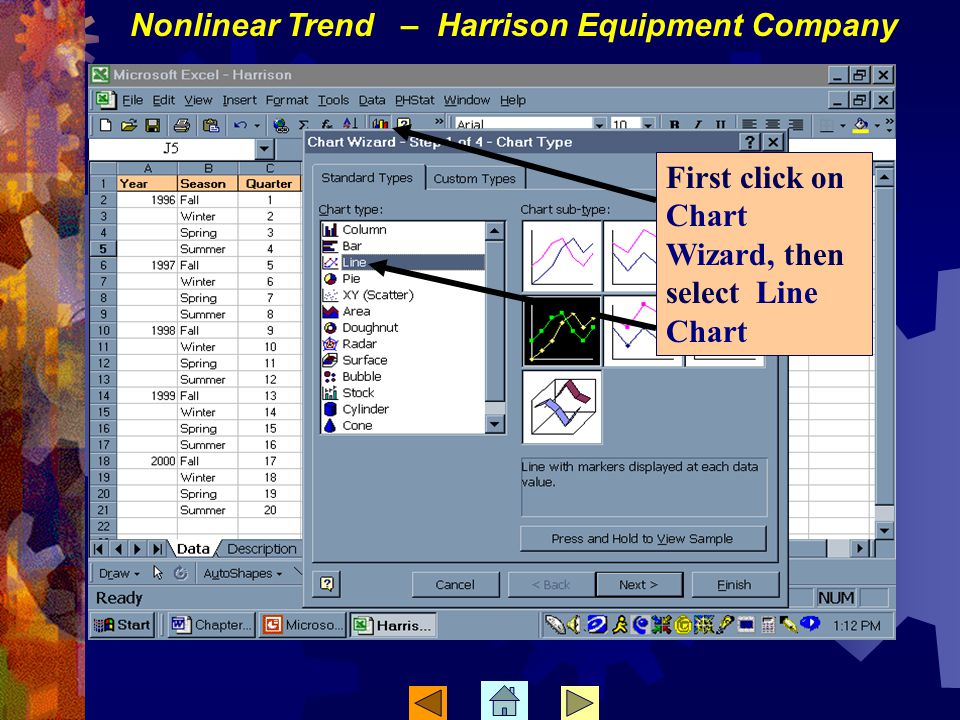 First click on Chart Wizard, then select Line Chart Nonlinear Trend – Harrison Equipment Company