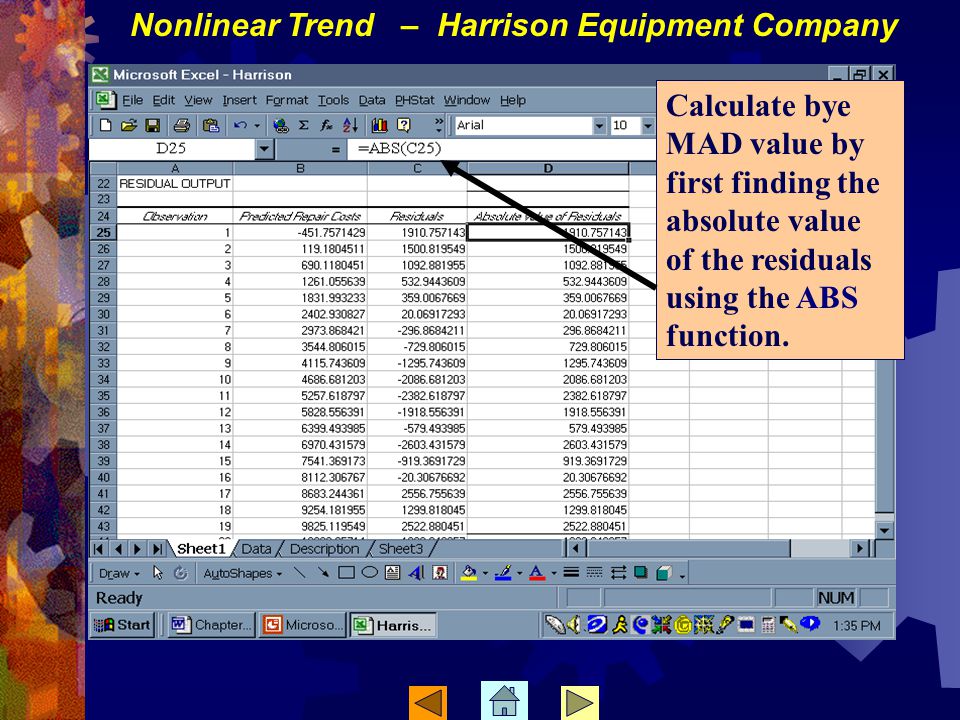 Calculate bye MAD value by first finding the absolute value of the residuals using the ABS function.