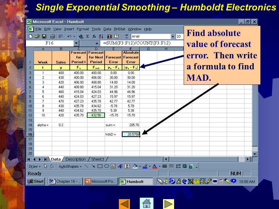 Find absolute value of forecast error. Then write a formula to find MAD.