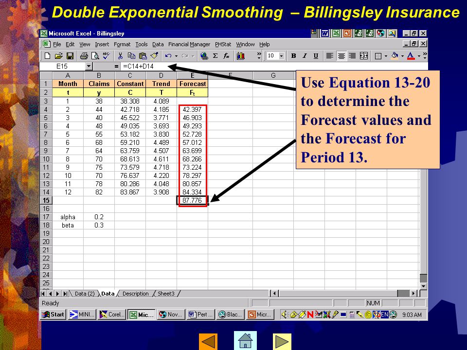 Use Equation to determine the Forecast values and the Forecast for Period 13.