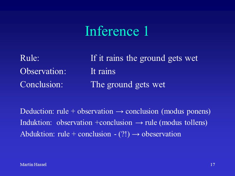 17Martin Hassel Inference 1 Rule:If it rains the ground gets wet Observation:It rains Conclusion:The ground gets wet Deduction: rule + observation → conclusion (modus ponens) Induktion: observation +conclusion → rule (modus tollens) Abduktion: rule + conclusion - ( !) → obeservation