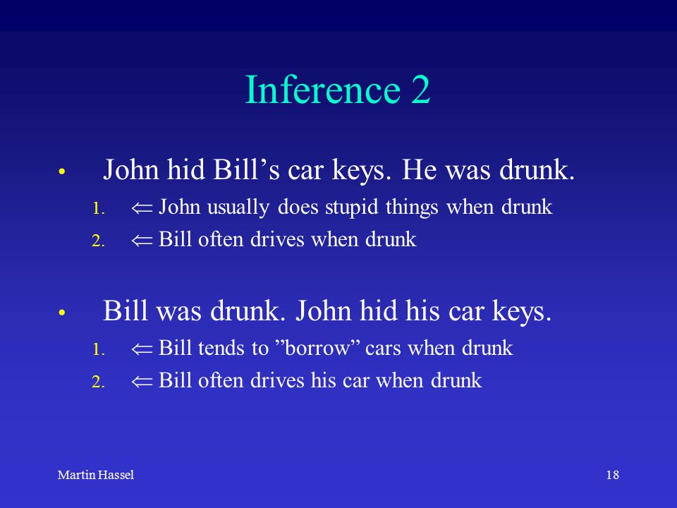 18Martin Hassel Inference 2 John hid Bill’s car keys.