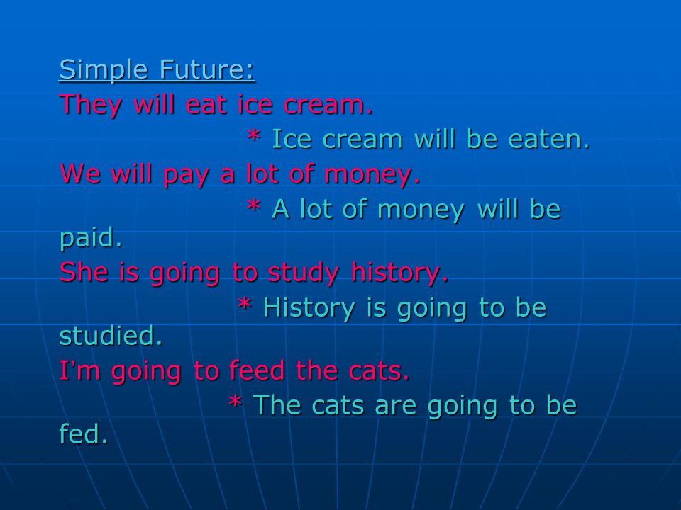 Simple Future: They will eat ice cream. * Ice cream will be eaten.