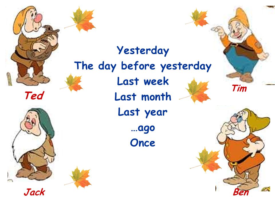 Yesterday The day before yesterday Last week Last month Last year …ago Once Ted Tim JackBen