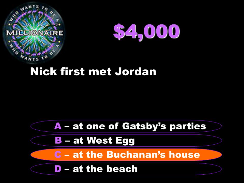 $4,000 Nick first met Jordan B – at West Egg A – at one of Gatsby’s parties C – at the Buchanan’s house D – at the beach C – at the Buchanan’s house