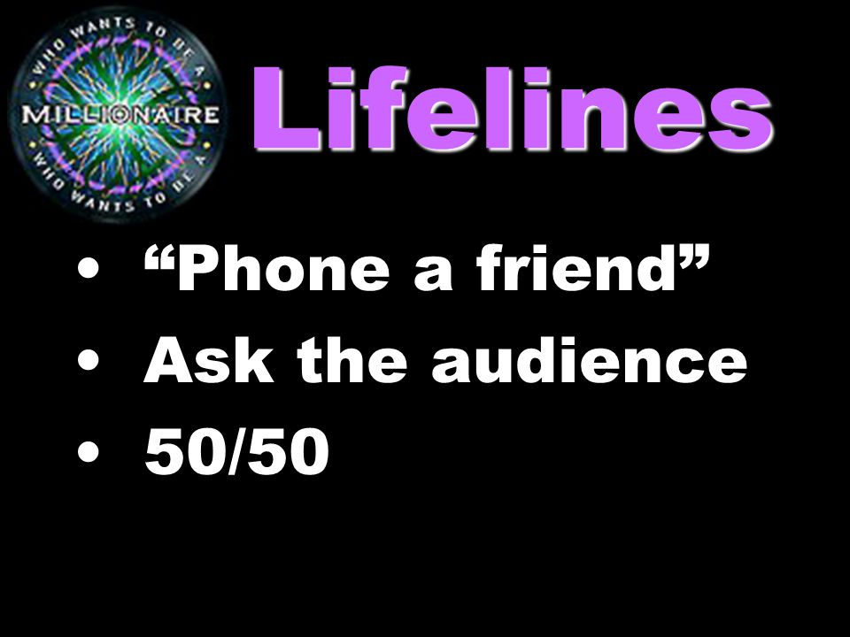 Lifelines Phone a friend Ask the audience 50/50