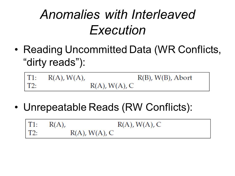 Anomalies with Interleaved Execution Reading Uncommitted Data (WR Conflicts, dirty reads ): Unrepeatable Reads (RW Conflicts):