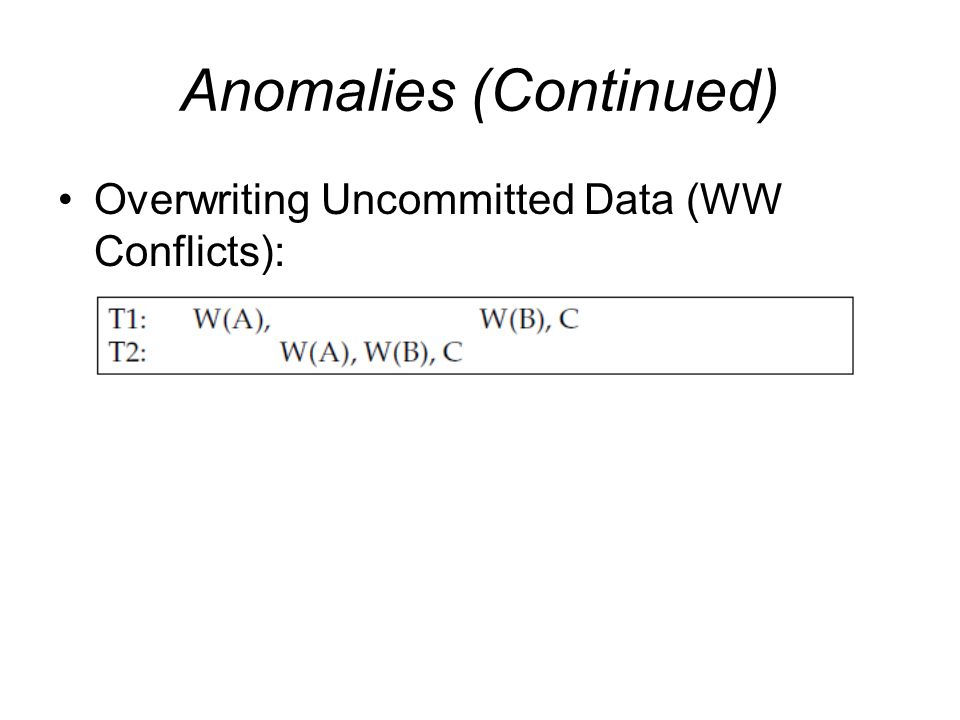 Anomalies (Continued) Overwriting Uncommitted Data (WW Conflicts):