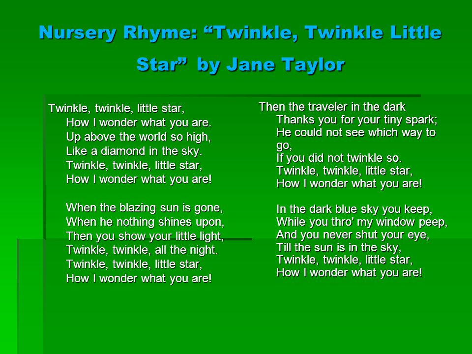 Nursery Rhyme: Twinkle, Twinkle Little Star by Jane Taylor Twinkle, twinkle, little star, How I wonder what you are.