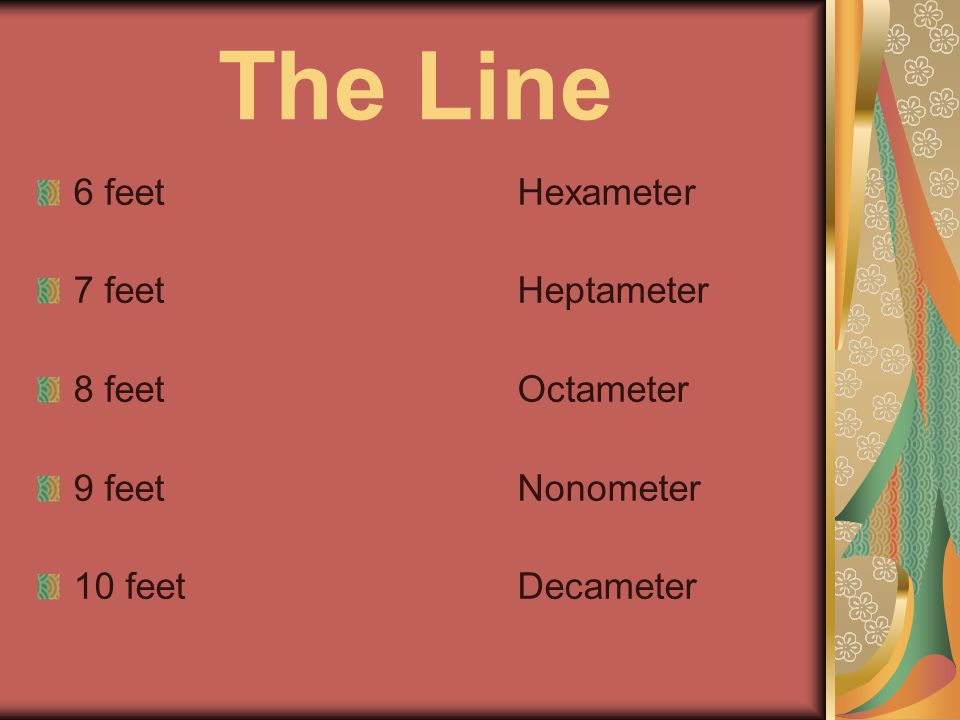 The Line 6 feetHexameter 7 feetHeptameter 8 feetOctameter 9 feetNonometer 10 feetDecameter