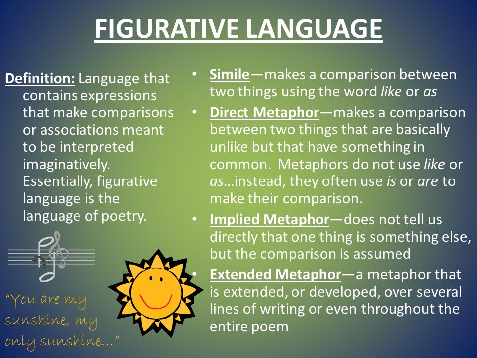 FIGURATIVE LANGUAGE Definition: Language that contains expressions that make comparisons or associations meant to be interpreted imaginatively.