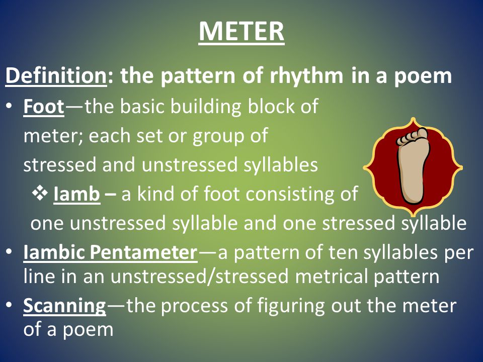 METER Definition: the pattern of rhythm in a poem Foot—the basic building block of meter; each set or group of stressed and unstressed syllables  Iamb – a kind of foot consisting of one unstressed syllable and one stressed syllable Iambic Pentameter—a pattern of ten syllables per line in an unstressed/stressed metrical pattern Scanning—the process of figuring out the meter of a poem