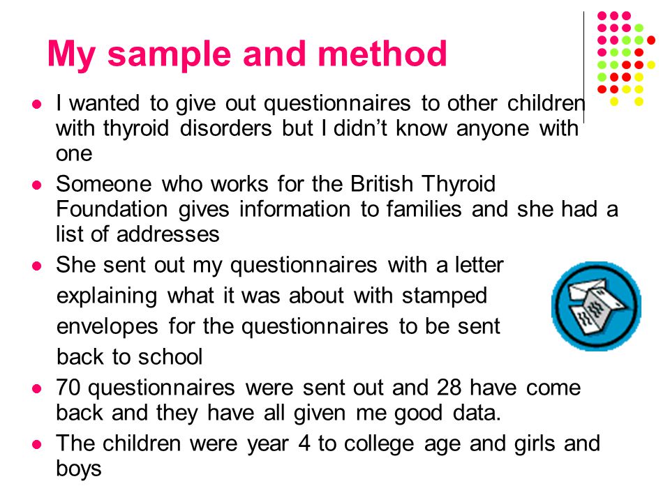 My sample and method I wanted to give out questionnaires to other children with thyroid disorders but I didn’t know anyone with one Someone who works for the British Thyroid Foundation gives information to families and she had a list of addresses She sent out my questionnaires with a letter explaining what it was about with stamped envelopes for the questionnaires to be sent back to school 70 questionnaires were sent out and 28 have come back and they have all given me good data.