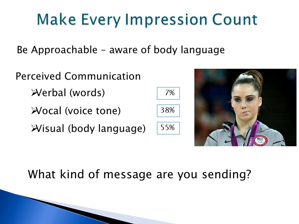 Be Approachable – aware of body language 7% 38% 55% Perceived Communication  Verbal (words)  Vocal (voice tone)  Visual (body language) What kind of message are you sending