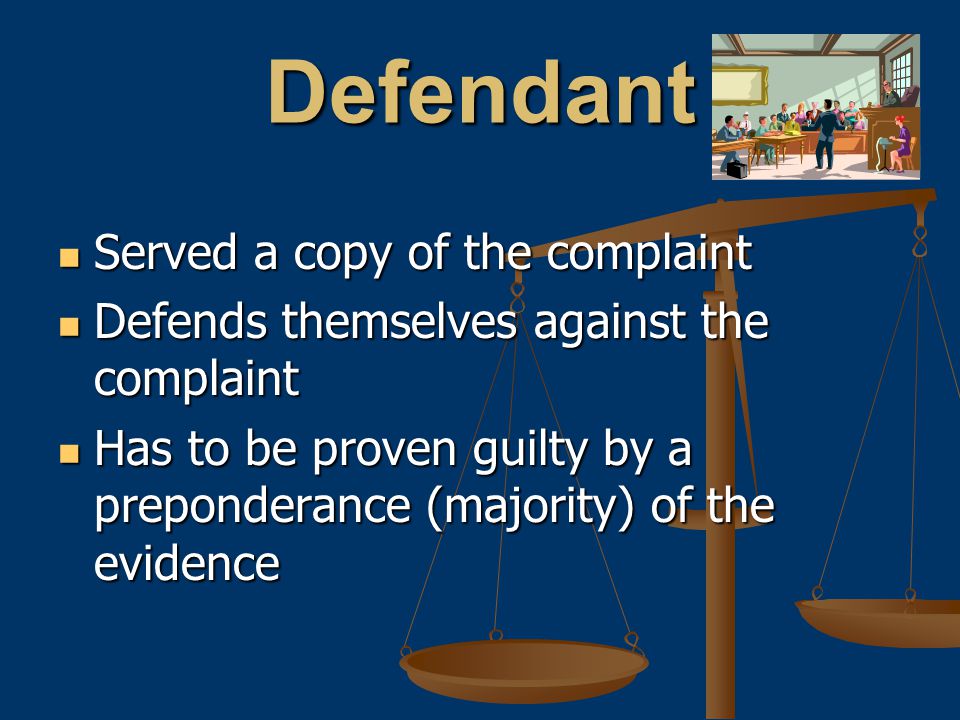 Defendant Served a copy of the complaint Served a copy of the complaint Defends themselves against the complaint Defends themselves against the complaint Has to be proven guilty by a preponderance (majority) of the evidence Has to be proven guilty by a preponderance (majority) of the evidence