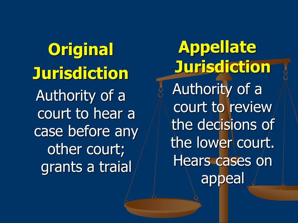 OriginalJurisdiction Authority of a court to hear a case before any other court; grants a traial Appellate Jurisdiction Authority of a court to review the decisions of the lower court.