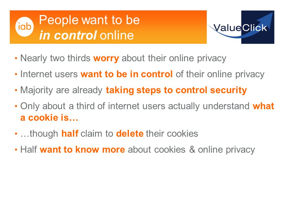 People want to be in control online Nearly two thirds worry about their online privacy Internet users want to be in control of their online privacy Majority are already taking steps to control security Only about a third of internet users actually understand what a cookie is… …though half claim to delete their cookies Half want to know more about cookies & online privacy