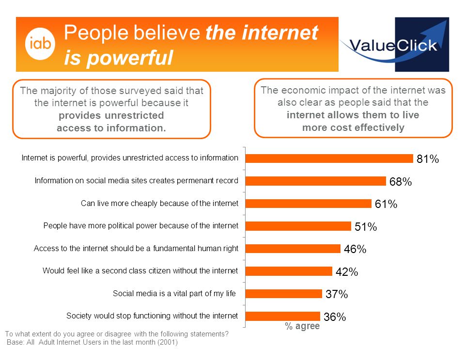 People believe the internet is powerful The majority of those surveyed said that the internet is powerful because it provides unrestricted access to information.