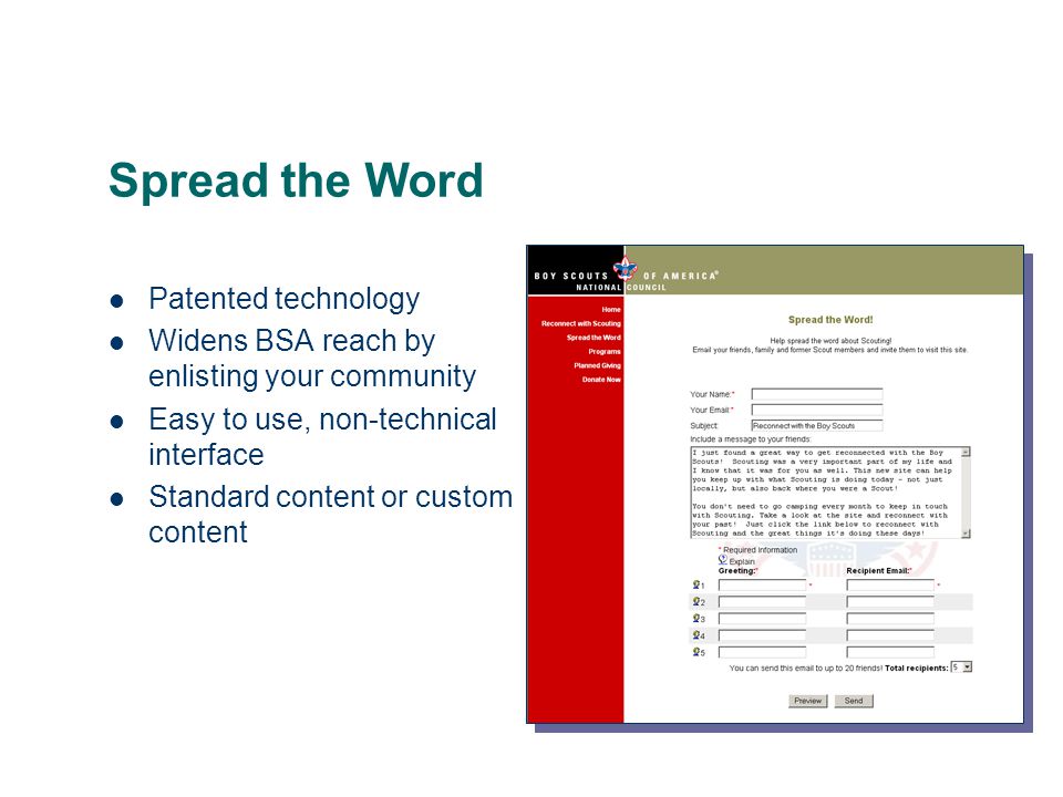 Spread the Word Patented technology Widens BSA reach by enlisting your community Easy to use, non-technical interface Standard content or custom content