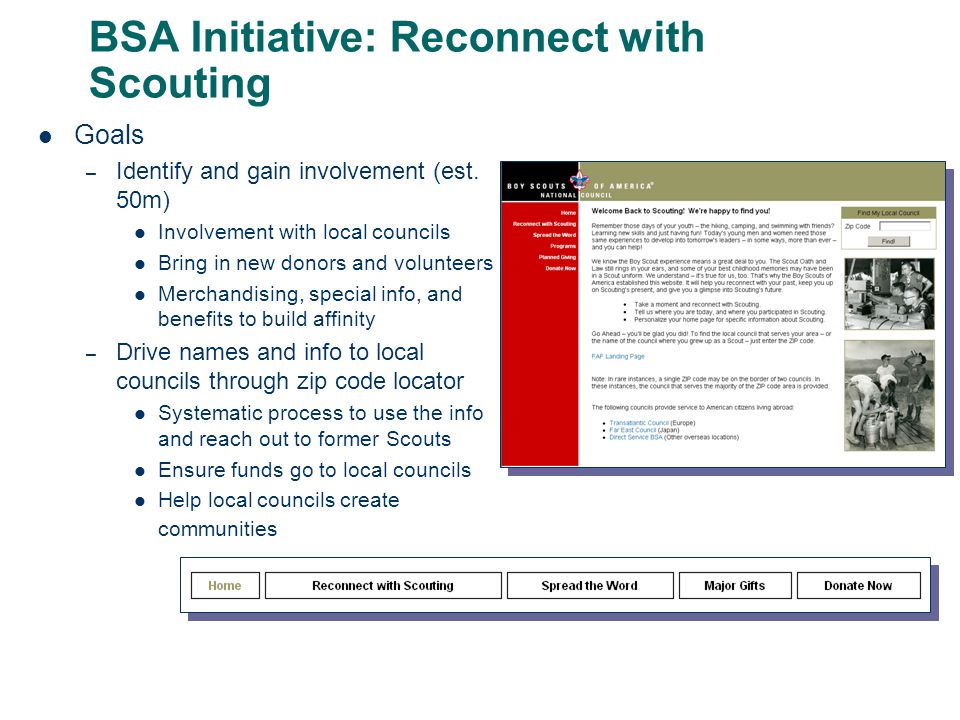 BSA Initiative: Reconnect with Scouting Goals – Identify and gain involvement (est.