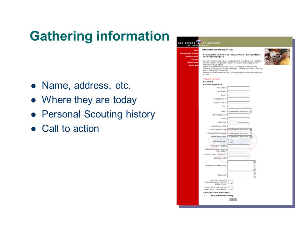 Gathering information Name, address, etc.