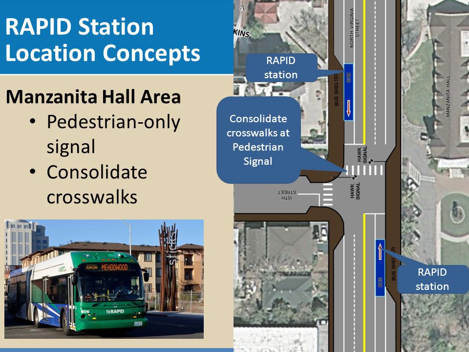 RAPID Station Location Concepts Manzanita Hall Area Pedestrian-only signal Consolidate crosswalks RAPID station Consolidate crosswalks at Pedestrian Signal
