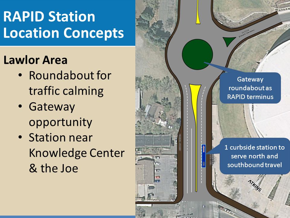 RAPID Station Location Concepts Lawlor Area Roundabout for traffic calming Gateway opportunity Station near Knowledge Center & the Joe 1 curbside station to serve north and southbound travel Gateway roundabout as RAPID terminus