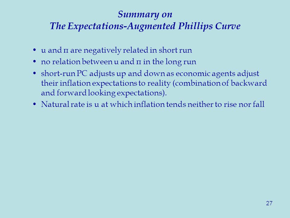 27 Summary on The Expectations-Augmented Phillips Curve u and π are negatively related in short run no relation between u and π in the long run short-run PC adjusts up and down as economic agents adjust their inflation expectations to reality (combination of backward and forward looking expectations).