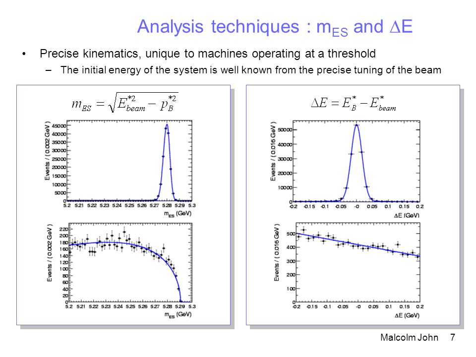 Malcolm John 7 Analysis techniques : m ES and  E Precise kinematics, unique to machines operating at a threshold –The initial energy of the system is well known from the precise tuning of the beam