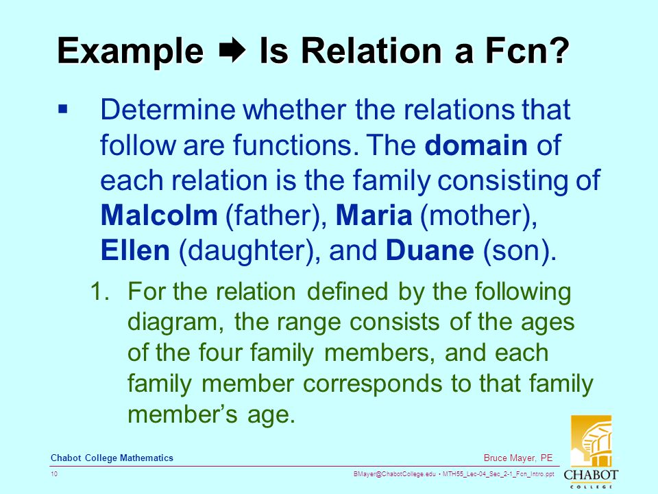 MTH55_Lec-04_Sec_2-1_Fcn_Intro.ppt 10 Bruce Mayer, PE Chabot College Mathematics Example  Is Relation a Fcn.
