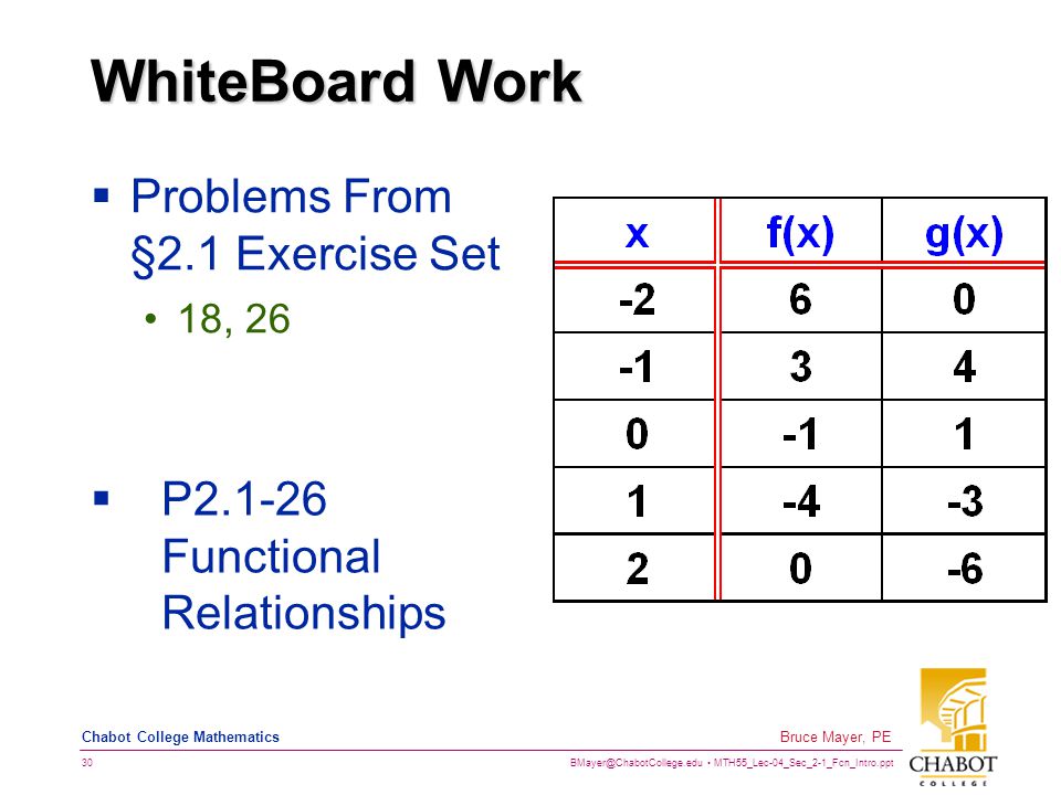 MTH55_Lec-04_Sec_2-1_Fcn_Intro.ppt 30 Bruce Mayer, PE Chabot College Mathematics WhiteBoard Work  Problems From §2.1 Exercise Set 18, 26  P Functional Relationships