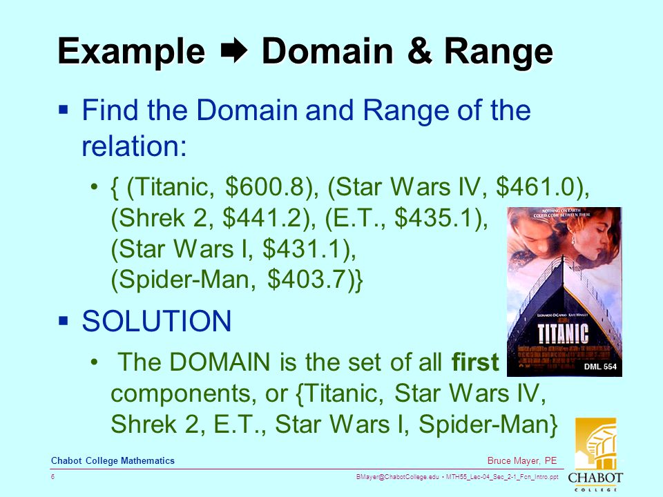 MTH55_Lec-04_Sec_2-1_Fcn_Intro.ppt 6 Bruce Mayer, PE Chabot College Mathematics Example  Domain & Range  Find the Domain and Range of the relation: { (Titanic, $600.8), (Star Wars IV, $461.0), (Shrek 2, $441.2), (E.T., $435.1), (Star Wars I, $431.1), (Spider-Man, $403.7)}  SOLUTION The DOMAIN is the set of all first components, or {Titanic, Star Wars IV, Shrek 2, E.T., Star Wars I, Spider-Man}