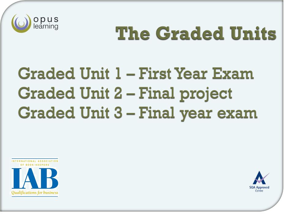 Graded Unit 1 – First Year Exam Graded Unit 2 – Final project Graded Unit 3 – Final year exam