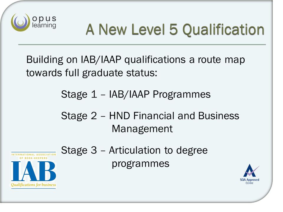 Building on IAB/IAAP qualifications a route map towards full graduate status: Stage 1 – IAB/IAAP Programmes Stage 2 – HND Financial and Business Management Stage 3 – Articulation to degree programmes