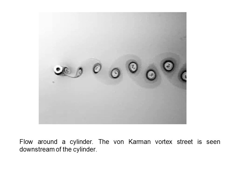 Flow around a cylinder. The von Karman vortex street is seen downstream of the cylinder.