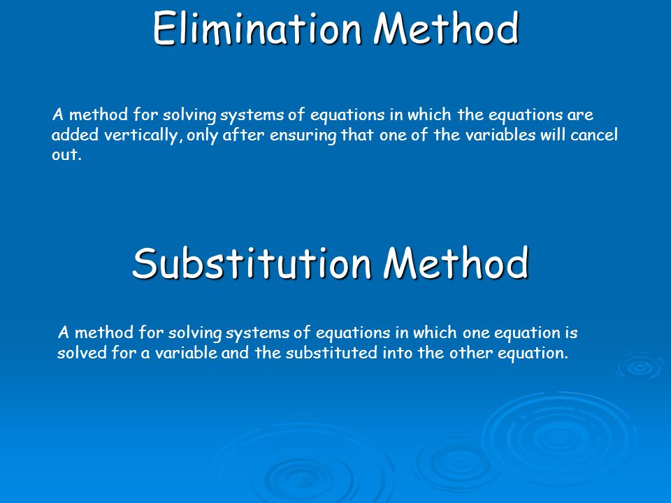 Elimination Method Substitution Method A method for solving systems of equations in which one equation is solved for a variable and the substituted into the other equation.
