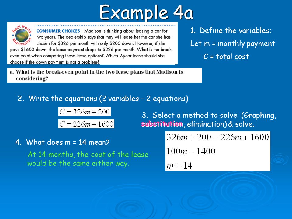 Example 4a 1. Define the variables: Let m = monthly payment C = total cost 2.