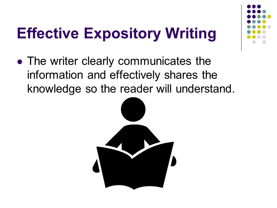 Effective Expository Writing The writer clearly communicates the information and effectively shares the knowledge so the reader will understand.