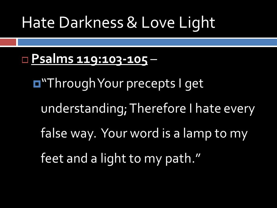 Hate Darkness & Love Light  Psalms 119: –  Through Your precepts I get understanding; Therefore I hate every false way.