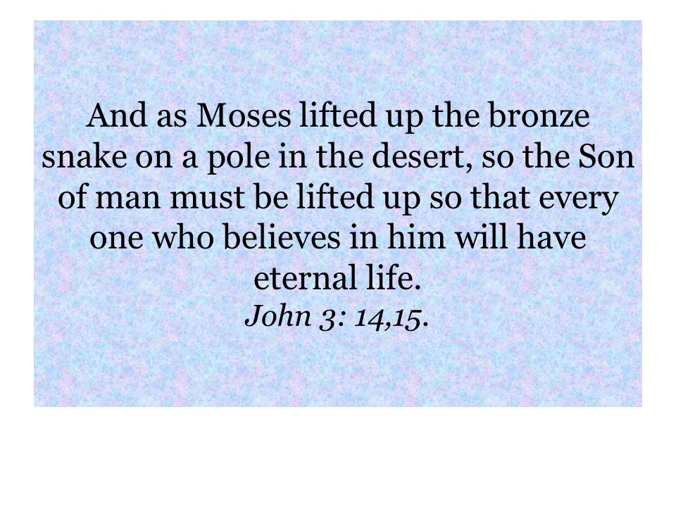 And as Moses lifted up the bronze snake on a pole in the desert, so the Son of man must be lifted up so that every one who believes in him will have eternal life.