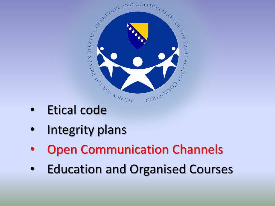 Etical code Etical code Integrity plans Integrity plans Open Communication Channels Open Communication Channels Education and Organised Courses Education and Organised Courses