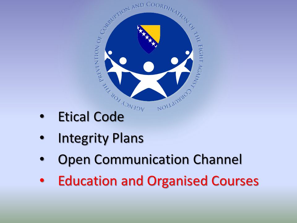 Etical Code Etical Code Integrity Plans Integrity Plans Open Communication Channel Open Communication Channel Education and Organised Courses Education and Organised Courses