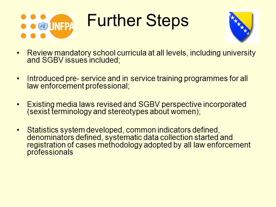 Further Steps Review mandatory school curricula at all levels, including university and SGBV issues included; Introduced pre- service and in service training programmes for all law enforcement professional; Existing media laws revised and SGBV perspective incorporated (sexist terminology and stereotypes about women); Statistics system developed, common indicators defined, denominators defined, systematic data collection started and registration of cases methodology adopted by all law enforcement professionals