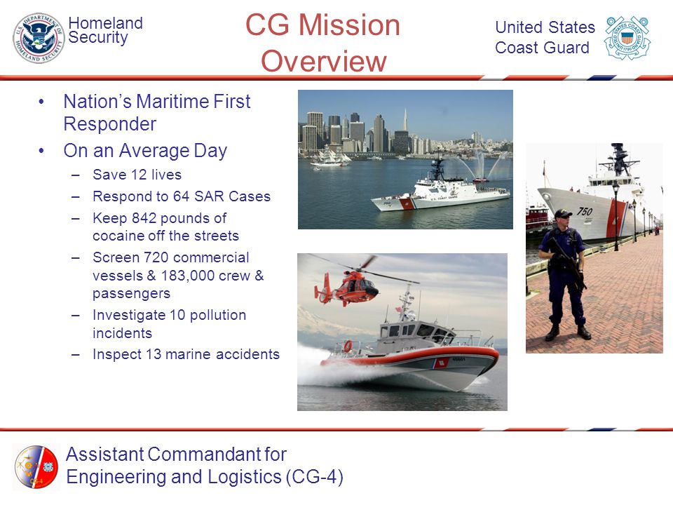 Assistant Commandant for Engineering and Logistics (CG-4) Homeland Security United States Coast Guard CG Mission Overview Nation’s Maritime First Responder On an Average Day –Save 12 lives –Respond to 64 SAR Cases –Keep 842 pounds of cocaine off the streets –Screen 720 commercial vessels & 183,000 crew & passengers –Investigate 10 pollution incidents –Inspect 13 marine accidents