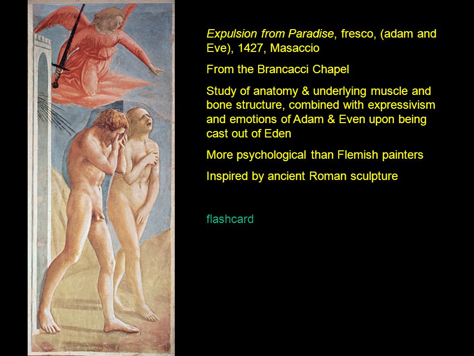 Expulsion from Paradise, fresco, (adam and Eve), 1427, Masaccio From the Brancacci Chapel Study of anatomy & underlying muscle and bone structure, combined with expressivism and emotions of Adam & Even upon being cast out of Eden More psychological than Flemish painters Inspired by ancient Roman sculpture flashcard