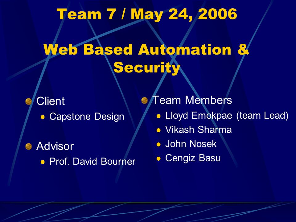 Team 7 / May 24, 2006 Web Based Automation & Security Client Capstone Design Advisor Prof.